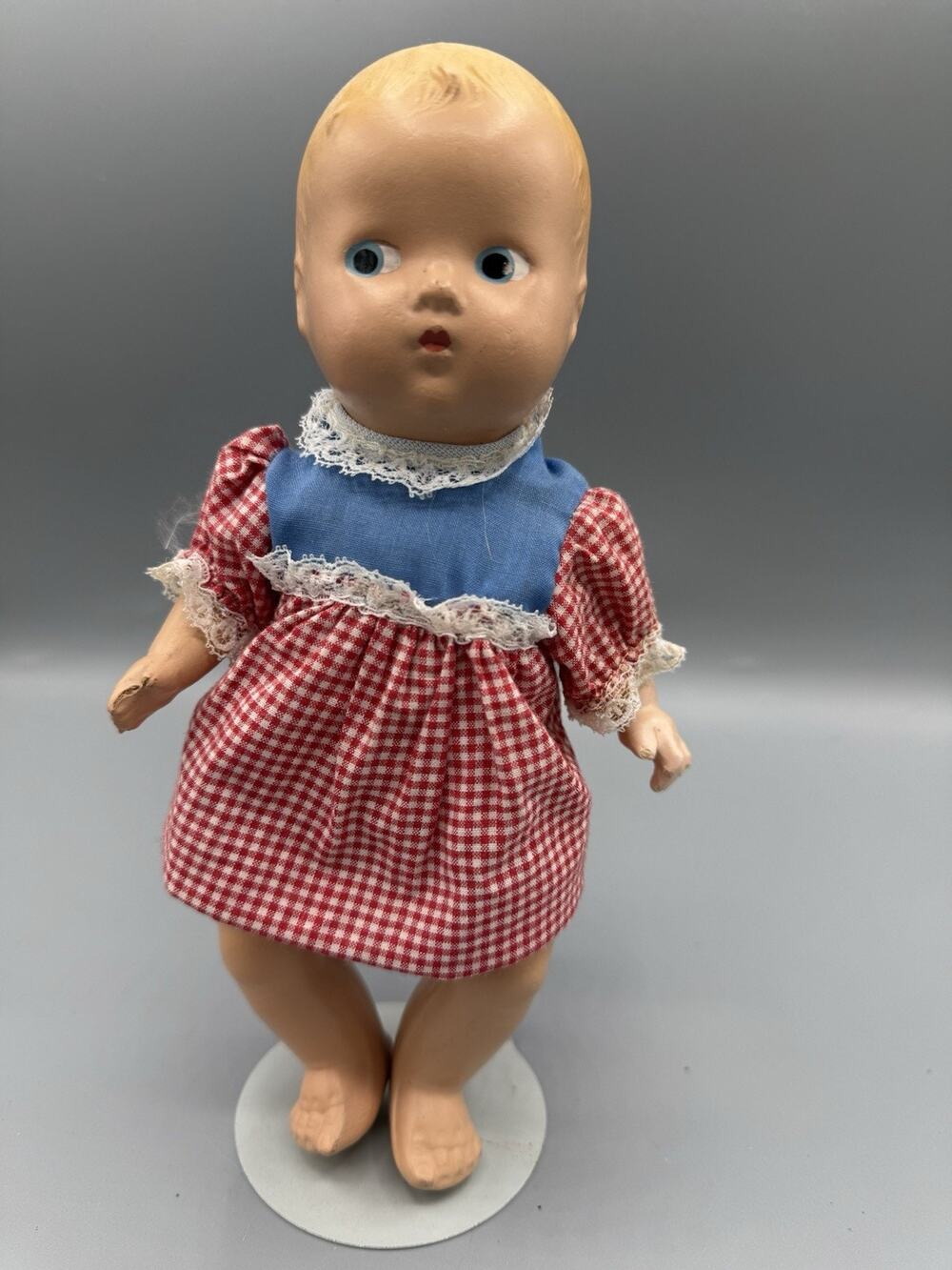 Vintage 1950s 8” Baby Doll Side Glance Eyes Molded Hair Gingham Dress